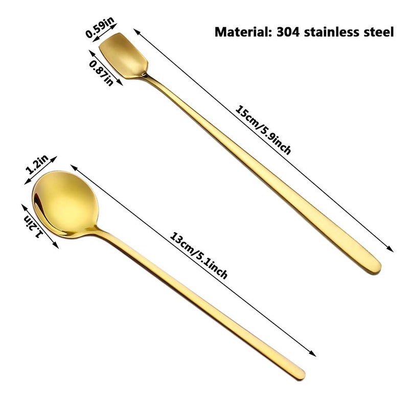 ACKLLR 8 Pack Gold Plated Stainless Steel Espresso Spoons and Long Handle Stirring Spoon, Mini Teaspoon Set for Coffee Sugar Dessert Cake Ice Cream Soup Antipasto Cappuccino Cocktail, 5.1/5.9 Inch - Image 2